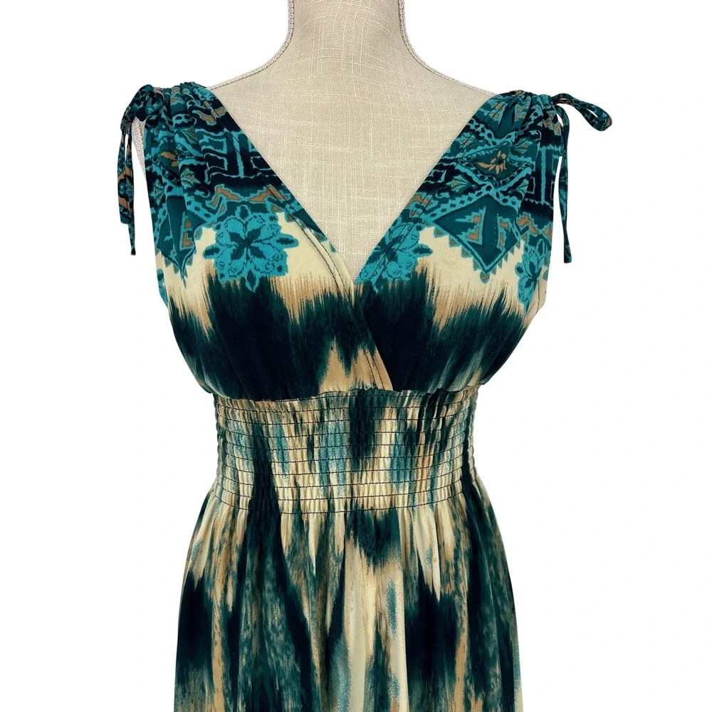Jon & Anna Maxi Dress Womens Large Teal Blue Ikat Smocked Waist Boho Summer - Picture 2 of 6
